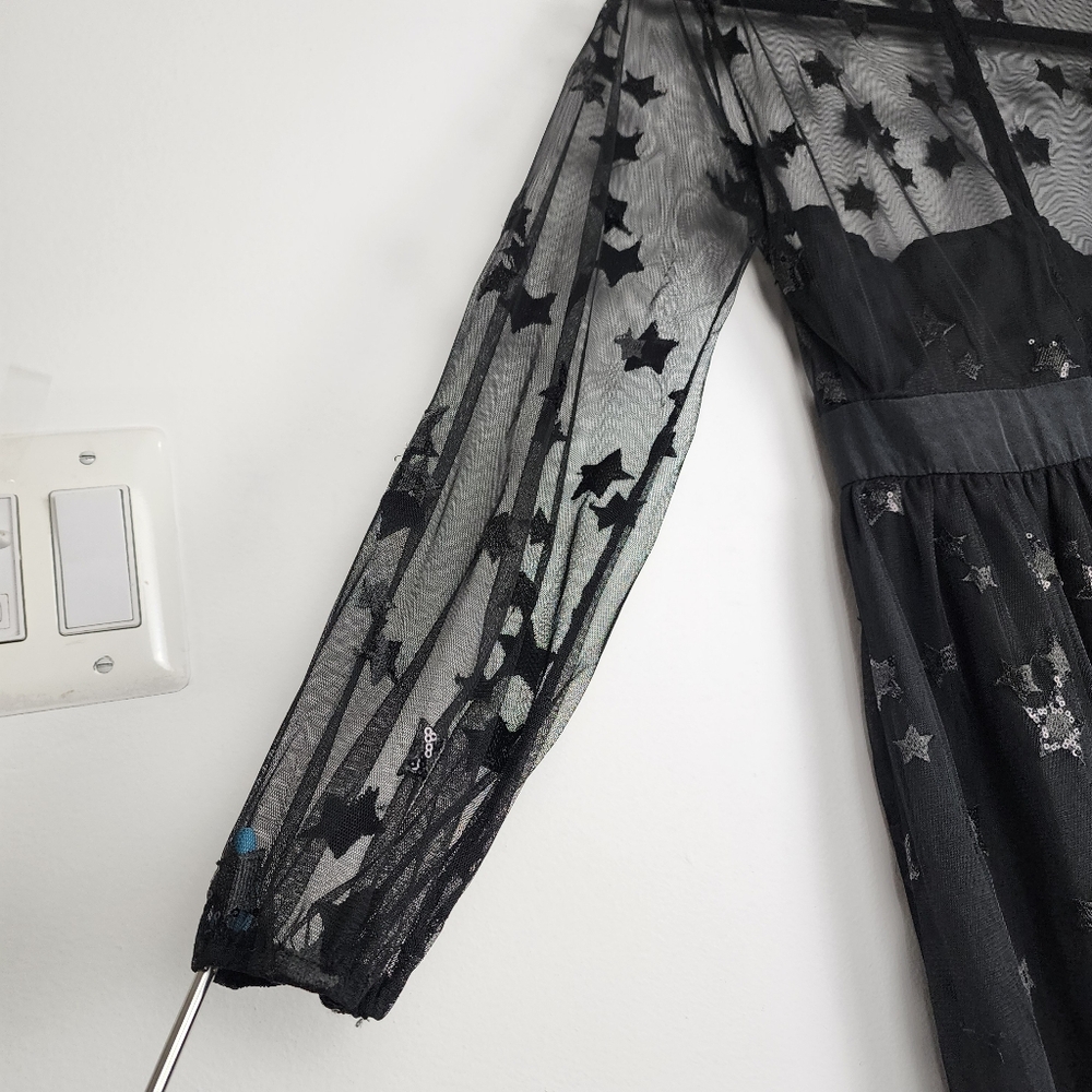 Black Sequin Lace Fairy Tulle Dress Goth Victorian Renaissance Fit Flare Party - Picture 14 of 16